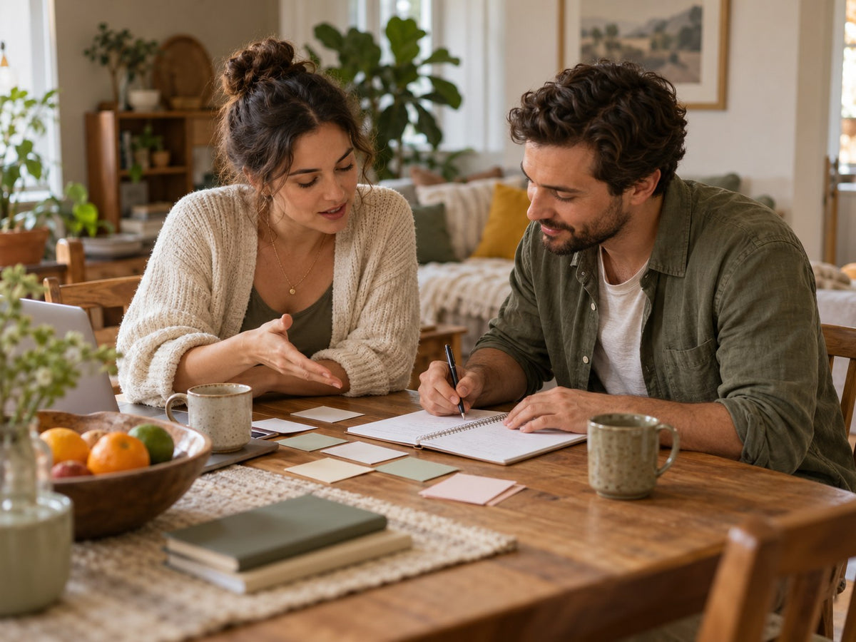 Two parents dividing household follow-up tasks together at their dining table.