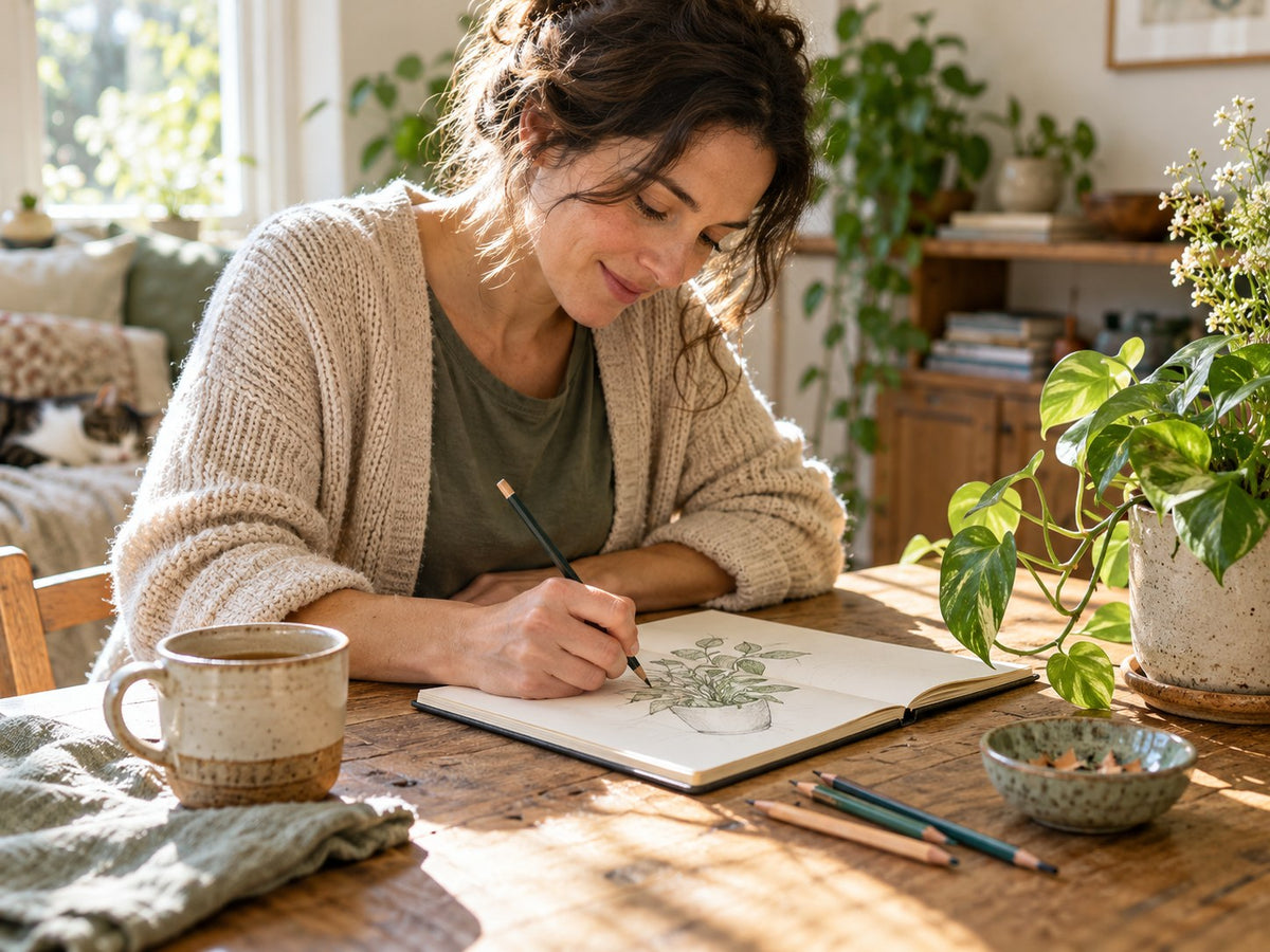 Mother sketching for enjoyment at a sunny table with a small set of art supplies.