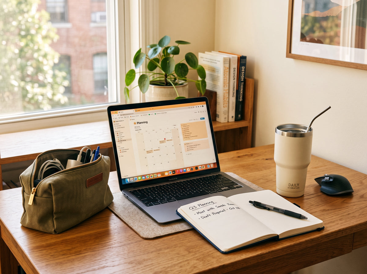 Workday pumping pouch beside a laptop, notebook and water bottle on an office desk
