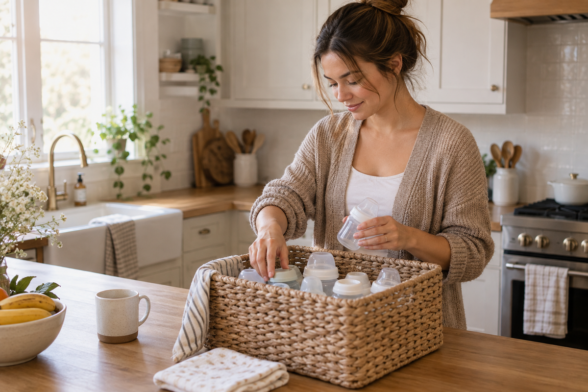 Mother organizing dry baby bottles and parts in a woven basket in a home kitchen